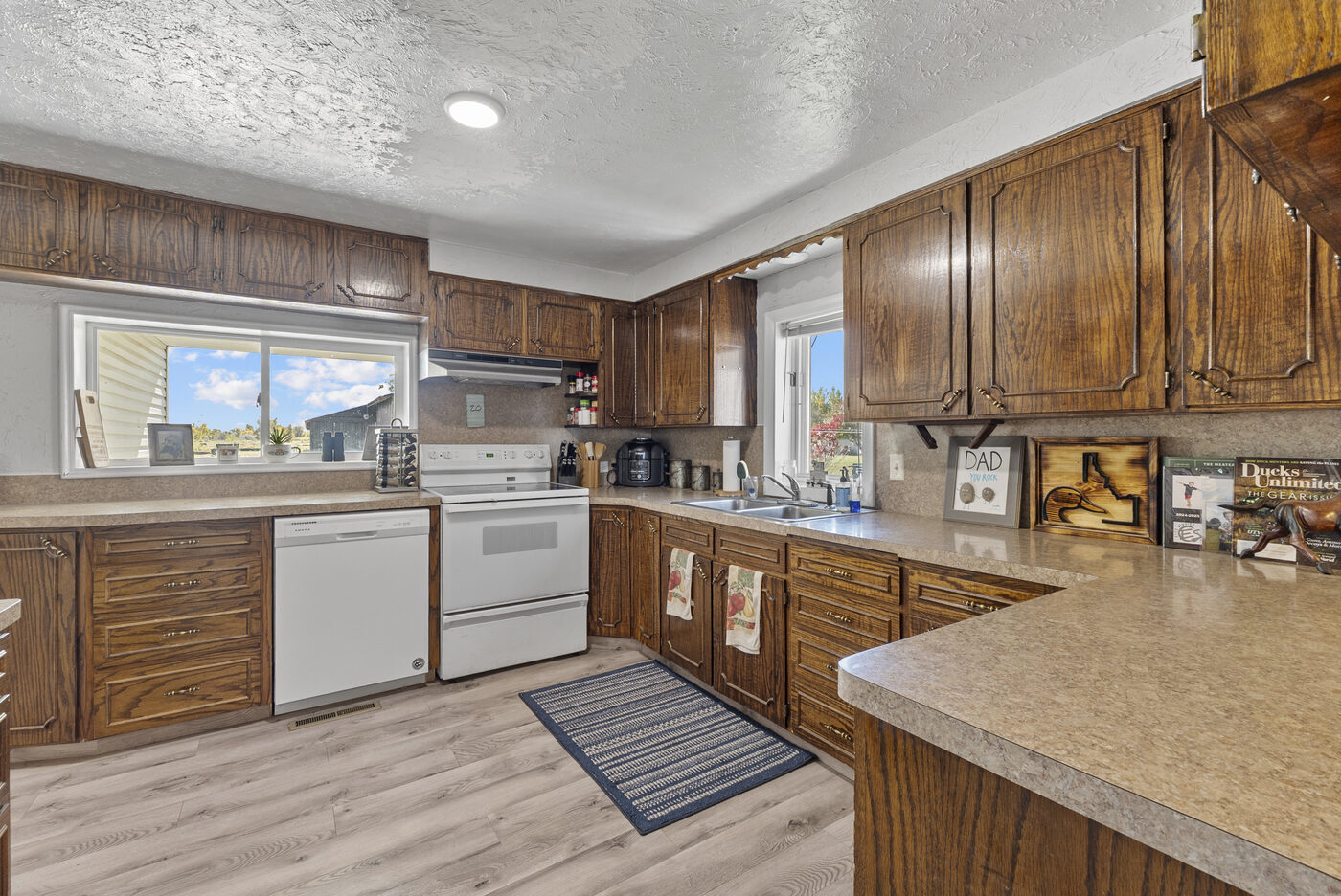 Kitchen main angle with oak cabinets
