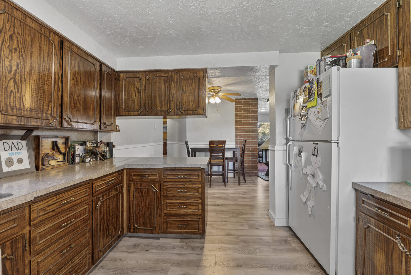 Kitchen showing flow to dining area