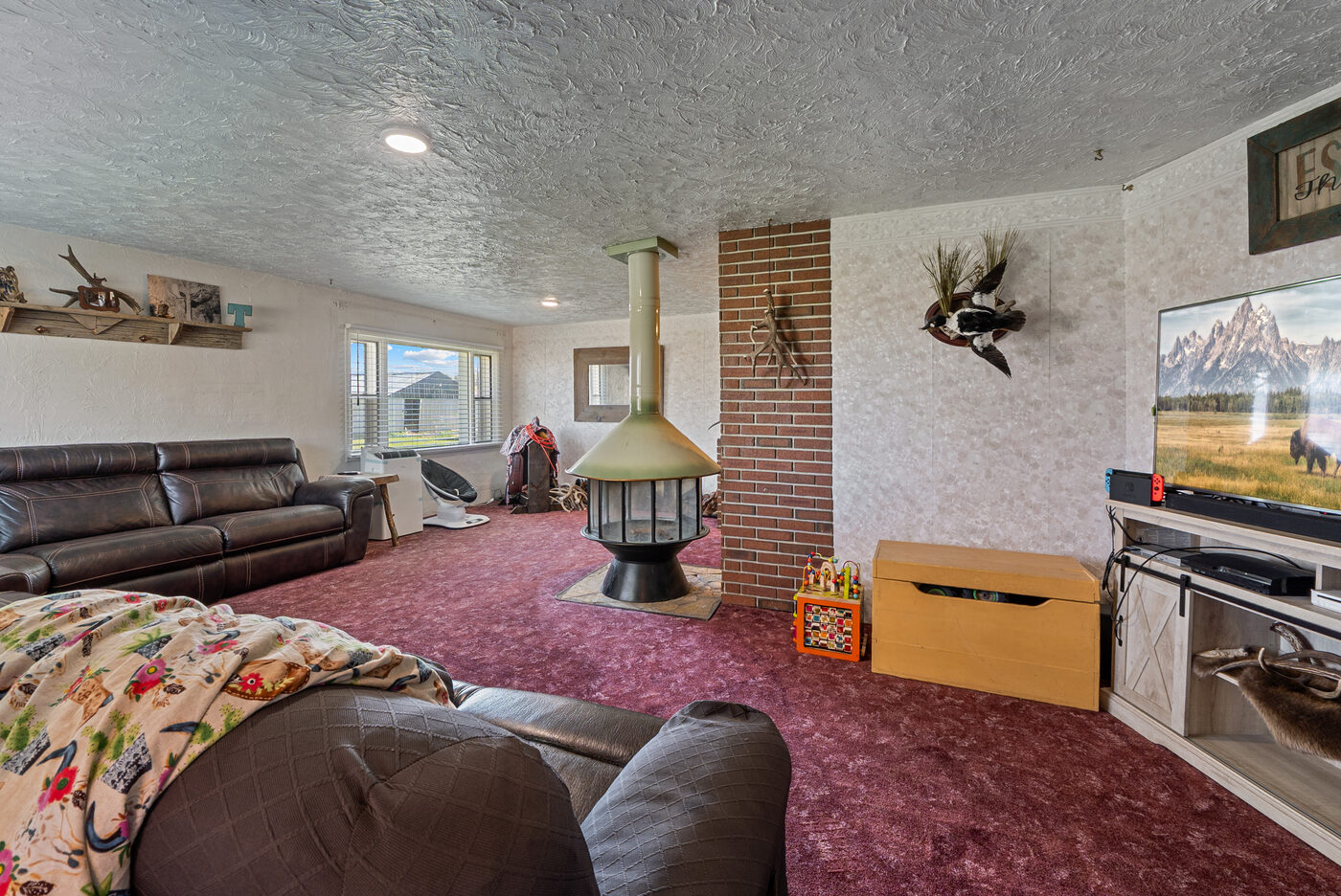 Living room with retro fireplace